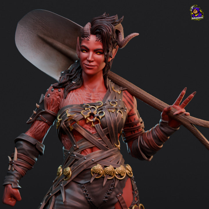 Close-up of Karlach’s face, showcasing her demonic horns, red infernal skin, and a confident smirk, holding her axe over her shoulder.