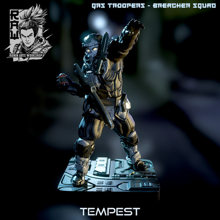 A sci-fi soldier mid-action, holding a grenade in one hand, preparing to throw. Tempest is armored heavily, depicted on a metallic base. Perfect for a sci-fi TTRPG such as Shadowrun or Starfinder.

