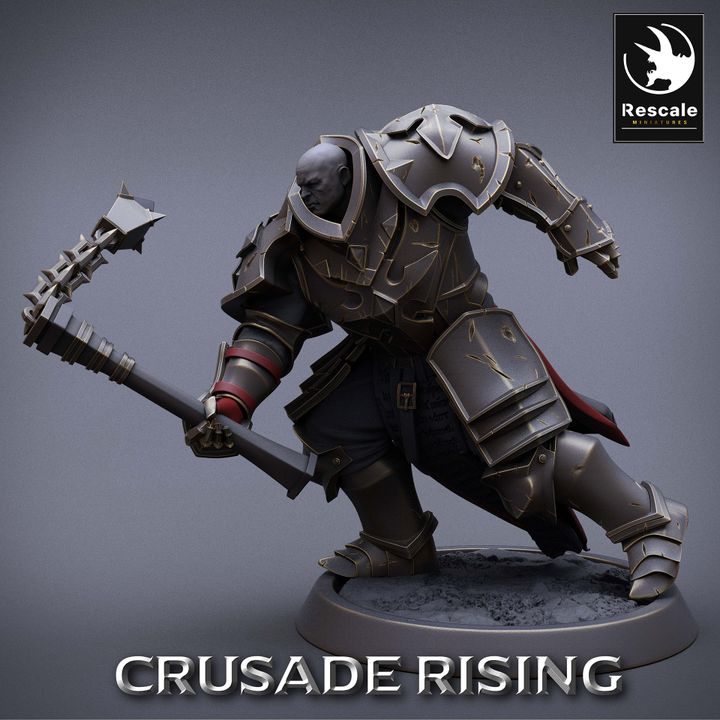 Crusade Rising Templar in mid-attack with a flail, striking down with force, wearing heavy plate armor, great for fantasy TTRPGs.