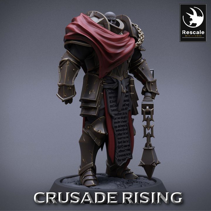 Crusade Rising Templar standing with a massive flail, draped in a tattered red cape, ready for battle, suitable for dark fantasy tabletop games.