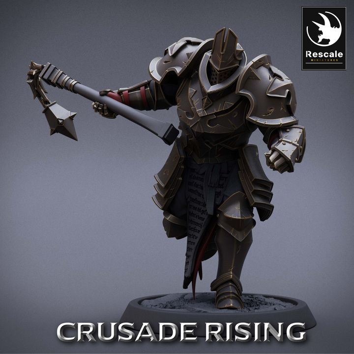 Crusade Rising Templar, running forward with heavy armor and a massive flail weapon, ideal for D&D or Pathfinder.