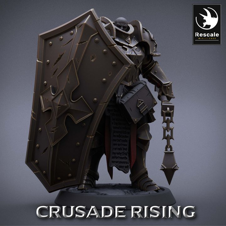 Crusade Rising Templar standing with a massive flail, in heavy armor and a shield, ready for battle, suitable for dark fantasy tabletop games.