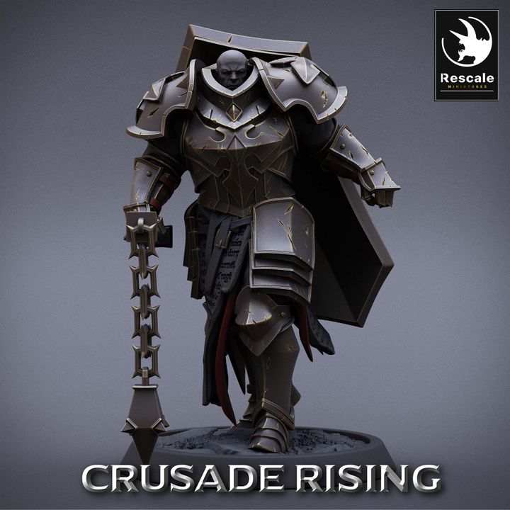 Crusade Rising Templar wielding a flail, walking forward with heavy armor and a massive flail weapon, ideal for D&D or Pathfinder.