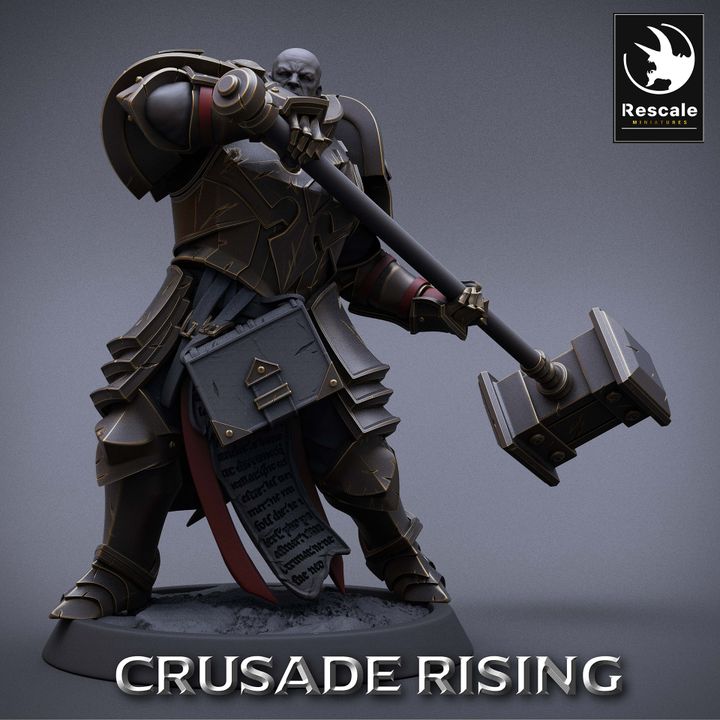 A templar warrior mid-swing with a large hammer, clad in heavy armor with a book strapped to his side, exuding power and strength.