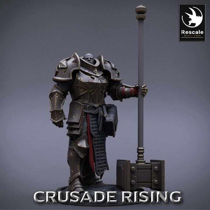 A templar warrior standing upright with a massive hammer resting against the ground, donned in dark armor with intricate details