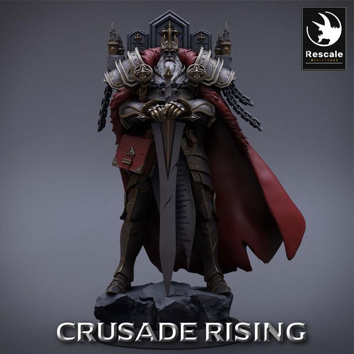 Front view of the Templar King standing with a sword and large cape, emphasizing his powerful and stoic stance.