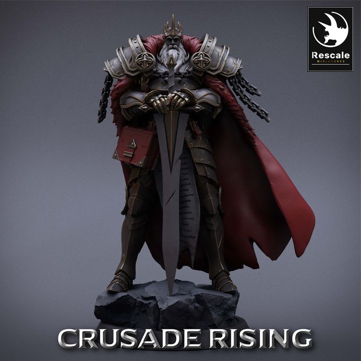 Templar King on foot, standing tall with a sword and wearing a flowing cape, showcasing his intricate armor design.