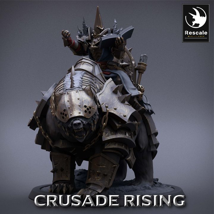 A templar priest clad in heavy armor, riding a massive armored bear, with a flail in hand and a commanding posture.