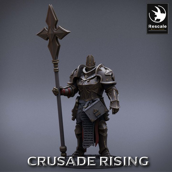 A templar soldier in heavy plate armor holding a large sceptre in a commanding pose. This character is perfect for a leader or religious knight in TTRPGs like Warhammer or Dungeons & Dragons.