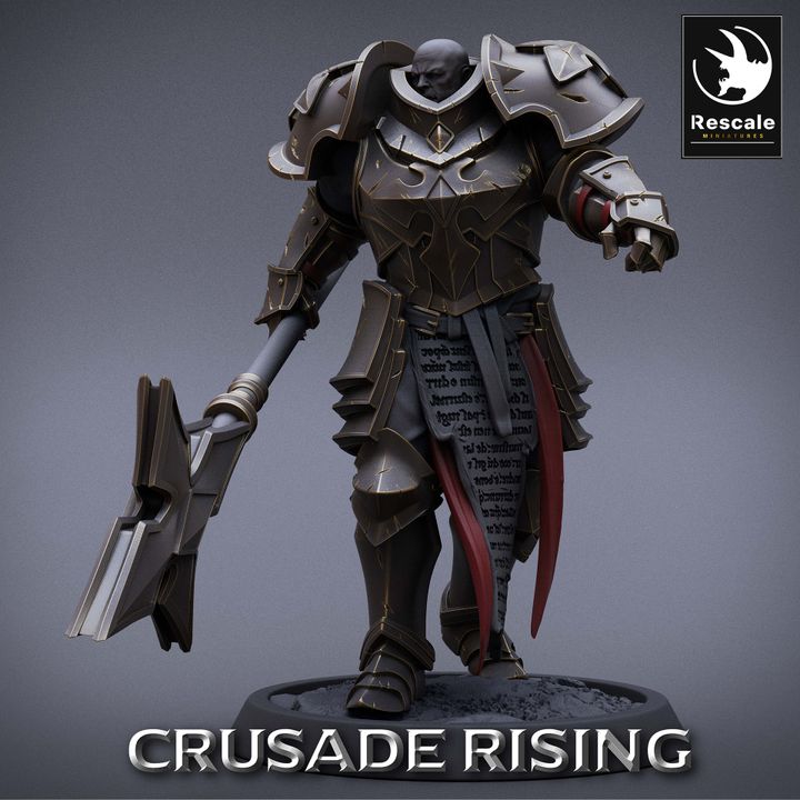 A templar knight walking forward with his sceptre, wearing heavy plate armor. Great for religious crusaders in Warhammer or Pathfinder games.