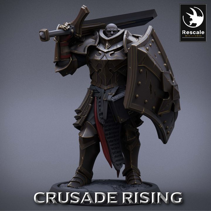 Commanding templar figure with a large sword, standing ready in heavy armor, with intricate detailing on the robes.