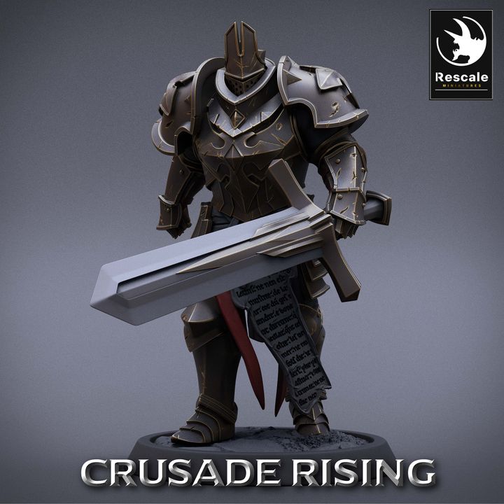 Templar figure walking forward confidently with a large sword and full heavy armor.