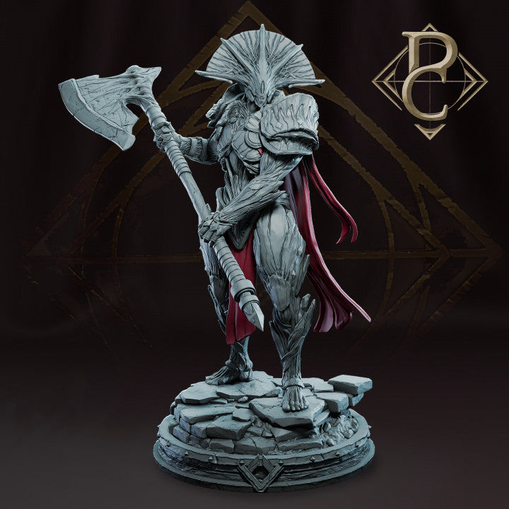 Arugês, The Cursed, a warrior miniature holding a large axe, standing on a rocky base, depicted with intricate armor and a flowing cape, suitable for fantasy tabletop RPGs like Dungeons & Dragons.