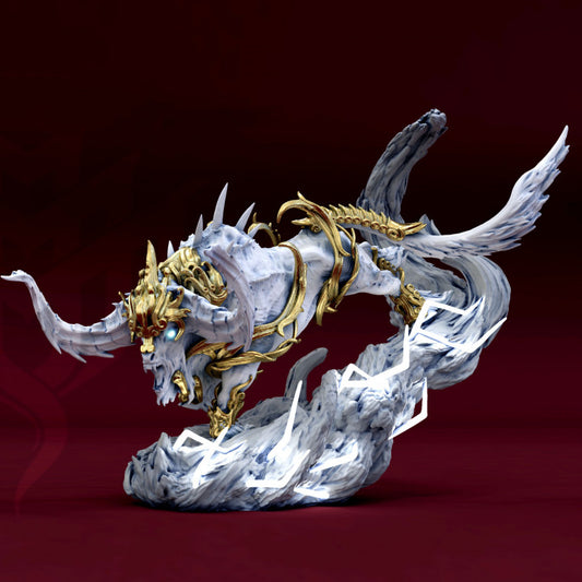 Thunder elemental ox monster miniature side view, muscular storm beast with lightning effects and raised horns, fantasy elemental creature for tabletop roleplaying games