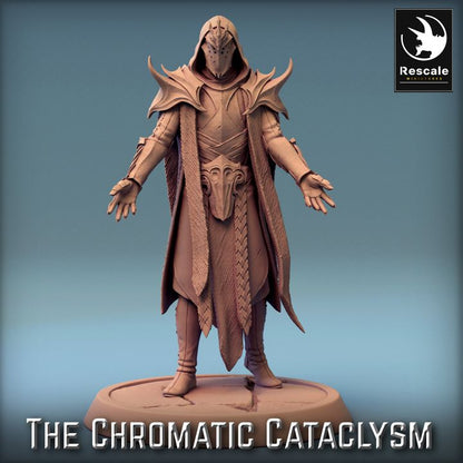 A hooded cultist with arms slightly outstretched, standing in a composed stance. The cultist wears a long robe with decorated armor on the shoulders, chest, and a textured belt around the waist.