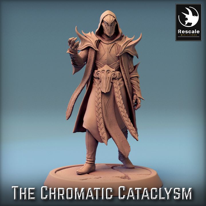 A cultist standing with one hand extended, as if casting a spell or performing a ritual. The cultist's robes are adorned with intricate designs, and the hood casts a shadow over their face.