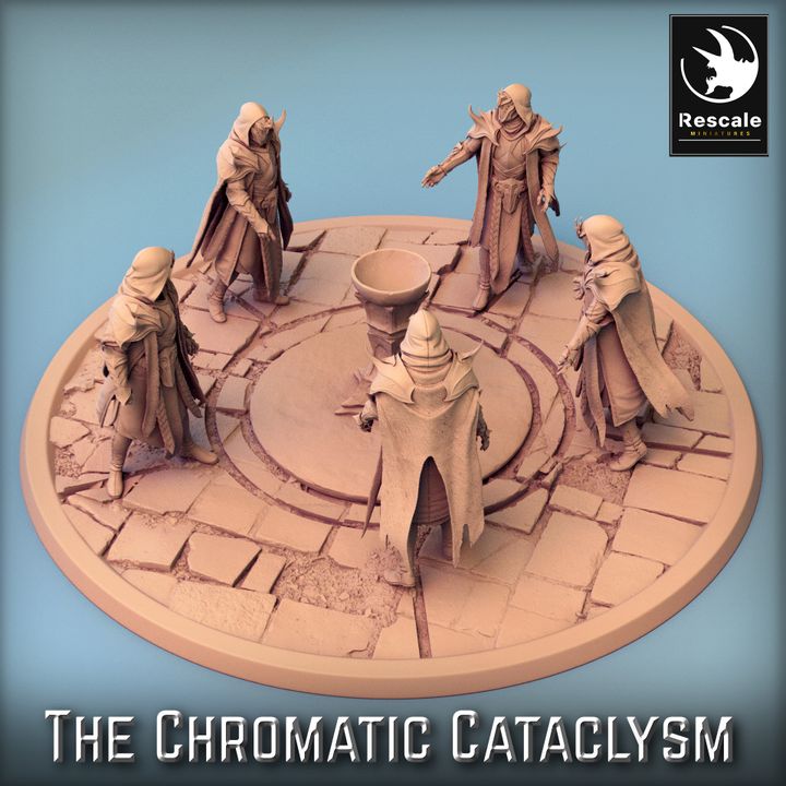 A group of five hooded cultists standing in a circle on a stone platform with a raised pedestal in the center. Each cultist wears long robes and a distinctive hood, with some gesturing towards the center.