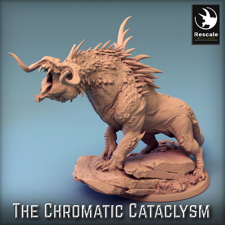 A 3D-printed miniature of Tiamat Dragonspawn Black, a hulking creature with spiked armor, sharp claws, and a roaring maw, standing atop a rocky base. Perfect for adding a formidable foe to your tabletop RPGs like D&D and Pathfinder.