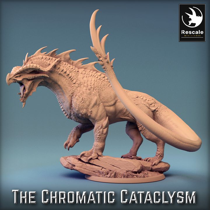 A 3D-printed miniature of Tiamat Dragonspawn Red, featuring a muscular body with menacing spines, sharp claws, and a fierce, roaring expression, standing atop a rocky base. Ideal for use in high-stakes encounters in D&D, Pathfinder, and other tabletop RPGs.