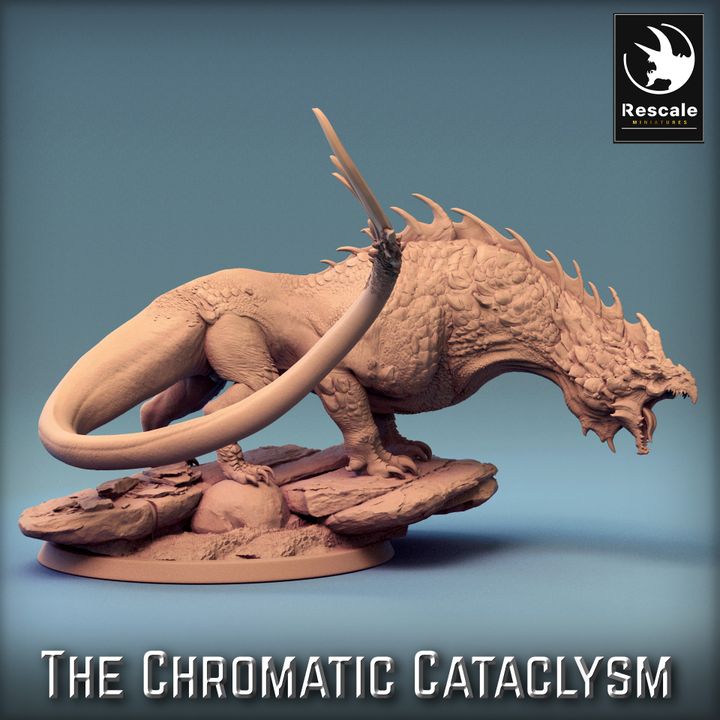 A 3D-printed miniature of Tiamat Dragonspawn White, featuring a streamlined body with frost-like spines and a cold, snarling expression, posed on a rocky base. Ideal for bringing a chilling presence to your D&D, Pathfinder, and other tabletop RPGs.