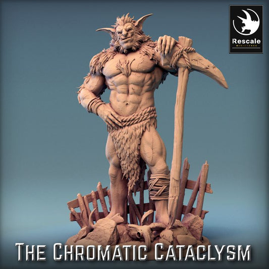 Tiamat Ice Troll Krol miniature featuring a tall, muscular troll holding a large scythe, standing amidst ruins with a confident and menacing posture.