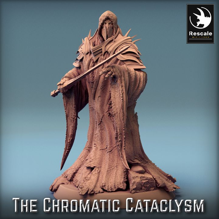 Cloaked figure standing with a sword in hand, holding a watchful posture. Great for use in fantasy games such as Pathfinder or Dungeons and Dragons.