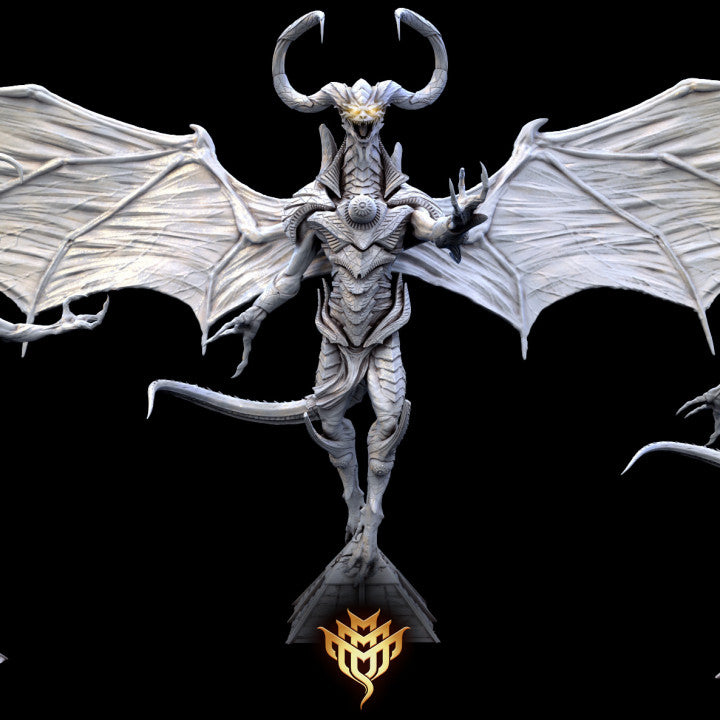 Torment Embodied dragon god miniature in full display, wings outstretched and armored body standing atop a decorated pedestal.