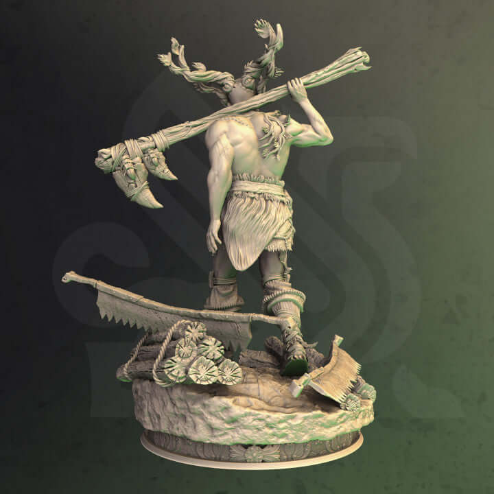 Druidic Barbarian Treneal miniature armed with nature-infused armor and axe for Dungeons and Dragons, TTRPG, Age of Sigmar, Warhammer, Frostgrave, Pathfinder, Call of Cthulhu