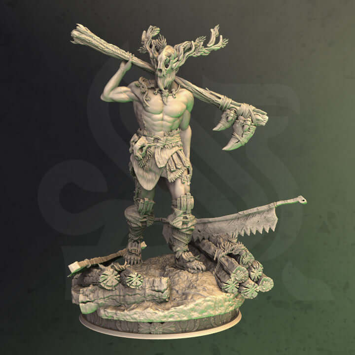 Druidic Barbarian Treneal miniature with nature-infused armor and axe, ideal for Dungeons and Dragons, TTRPG, Warhammer, Pathfinder, and more.