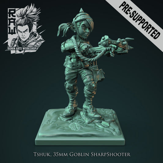 Tshuk the Goblin Sharpshooter with crossbow, standing on a base, ready for action.