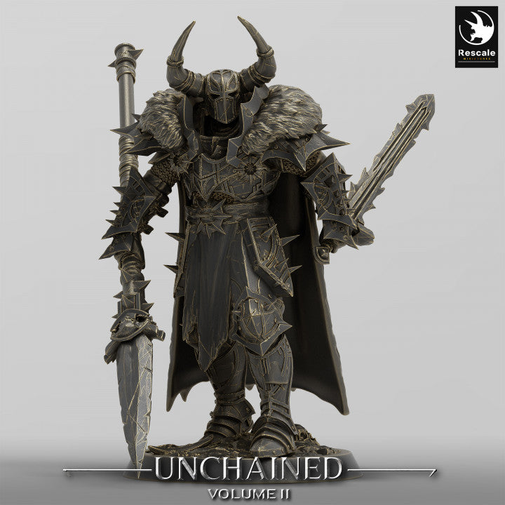 A commanding Unchained warrior, fully armored and gripping a large spear and sword, standing in a ready position, perfect for fantasy tabletop games like Pathfinder or Dungeons & Dragons.