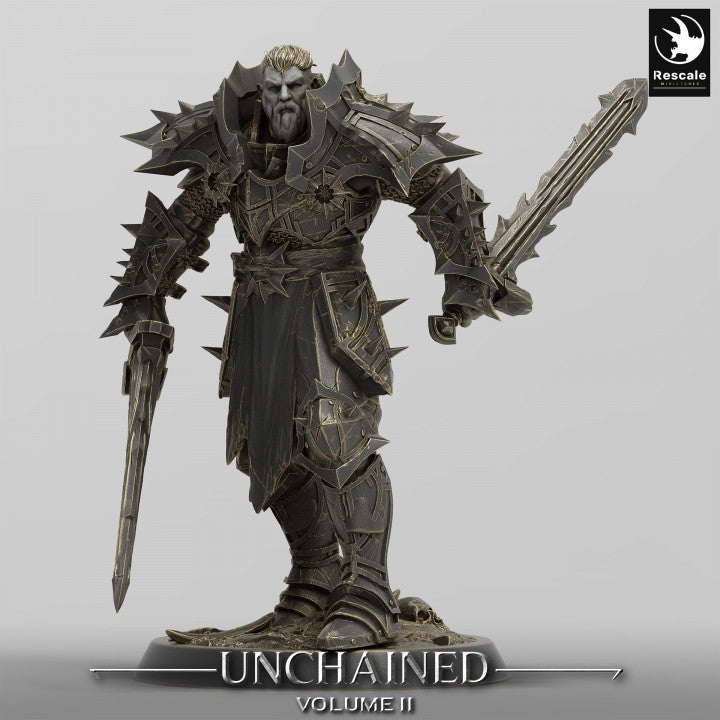 Unchained Commander holding dual swords, looking prepared for battle, decked out in full plate armor.