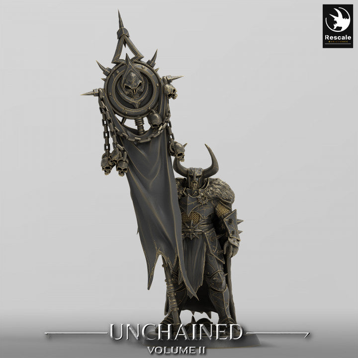 Unchained Raider banner bearer, holding a massive standard with spikes and skulls.