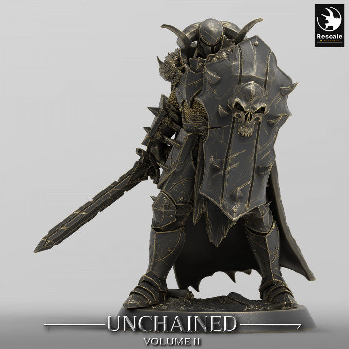 Raider in a defensive stance, shield raised, gripping a longsword while armored in spiked gear.