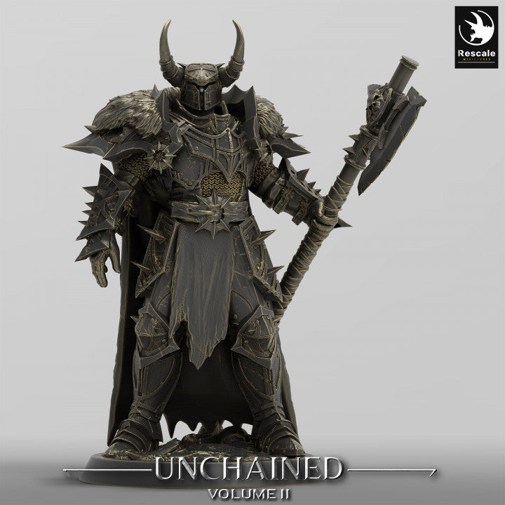 Unchained Commander with an axe, fully armored with a horned helmet and fur-trimmed armor, ready for combat.