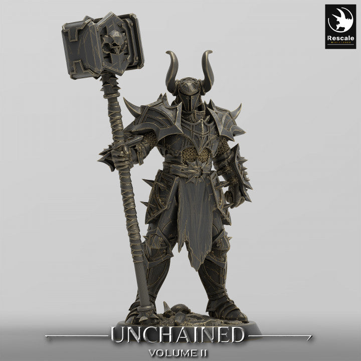 An Unchained Commander brandishing a massive hammer in a ready stance, armored in spiked plate with a fur-lined cape, great for TTRPGs like Dungeons & Dragons or Warhammer.