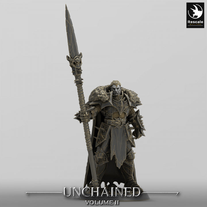 Unchained Commander with a large spear, wearing heavy armor with fur adornments and standing ready for battle.