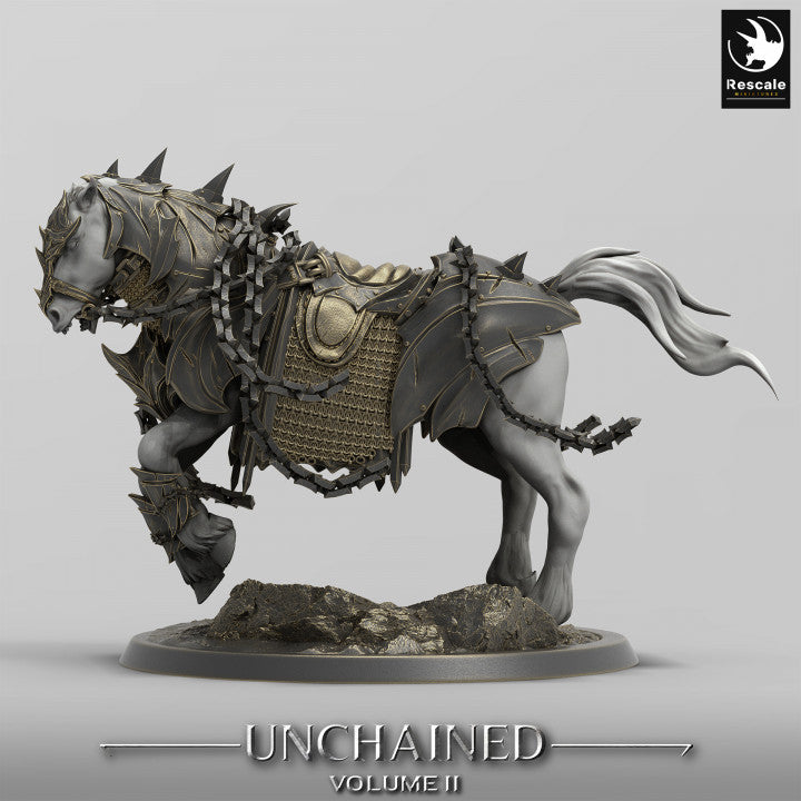 Armored warhorse standing on a rock, saddled with intricate armor plating.