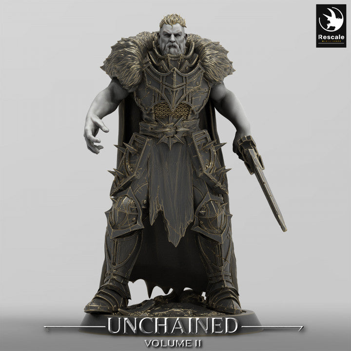 A commanding Unchained warrior, fully armored and gripping a large sword, standing in a ready position, perfect for fantasy tabletop games like Pathfinder or Dungeons & Dragons.