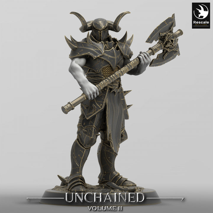 Unchained Raider in look stance, wielding a big axe, staring ahead.