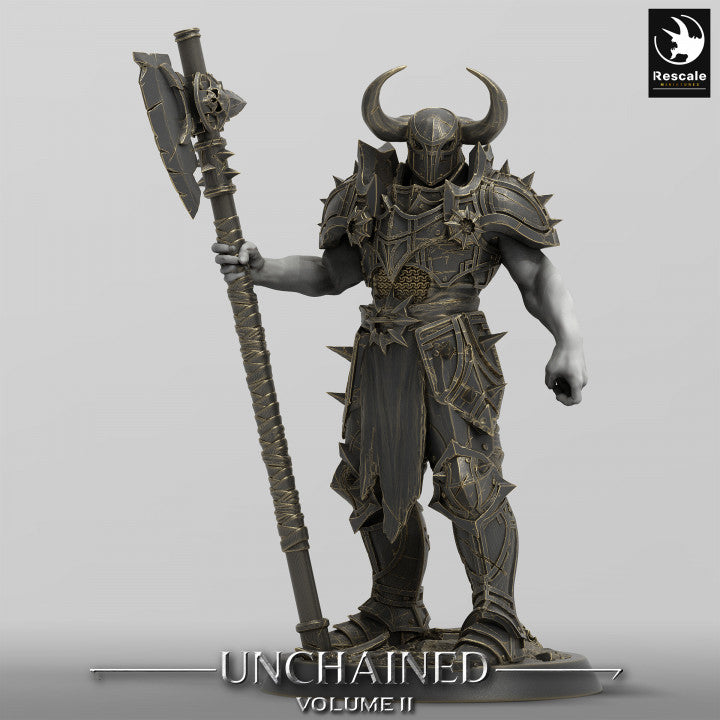 Unchained Commander holding a massive two-handed axe, wearing a horned helmet and full spiked plate armor.