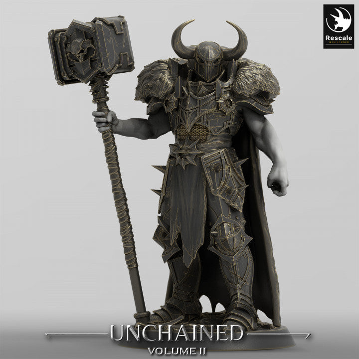 A powerful Unchained Commander gripping a two-handed hammer, standing ready for battle in full plate armor with fur-trimmed shoulders, designed for fantasy tabletop games.