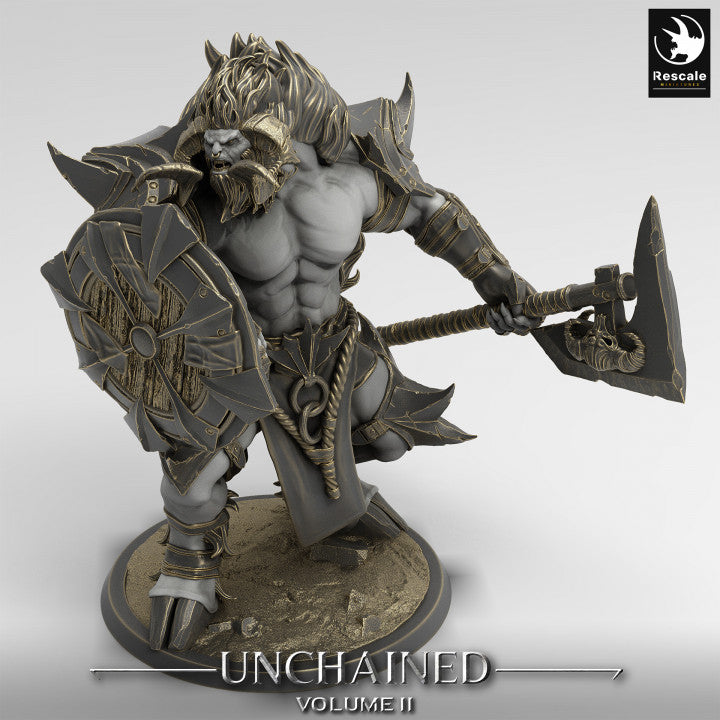 Minotaur with a large axe, depicted in an aggressive stance.