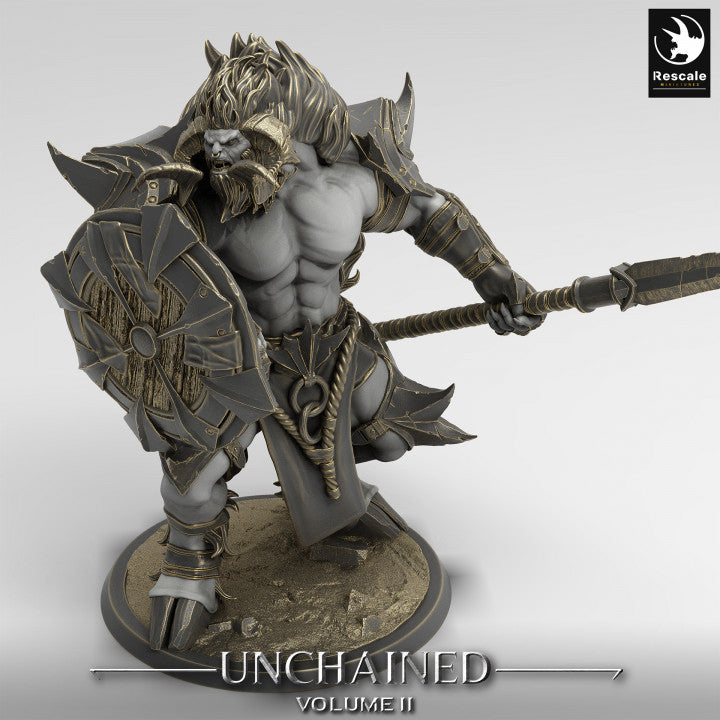 Minotaur wielding a shield and spear, ready for combat.