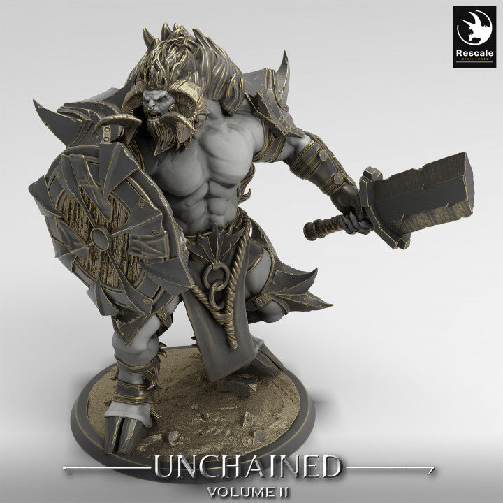 Minotaur with a sword, fierce expression, and battle stance.