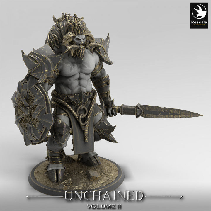 Minotaur wielding a shield and spear, ready for combat.