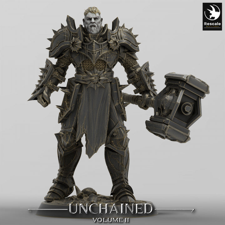 A menacing Unchained Commander with a large two-handed hammer, standing in full armor with a fur-lined cloak and detailed engravings, suited for fantasy TTRPG adventures.