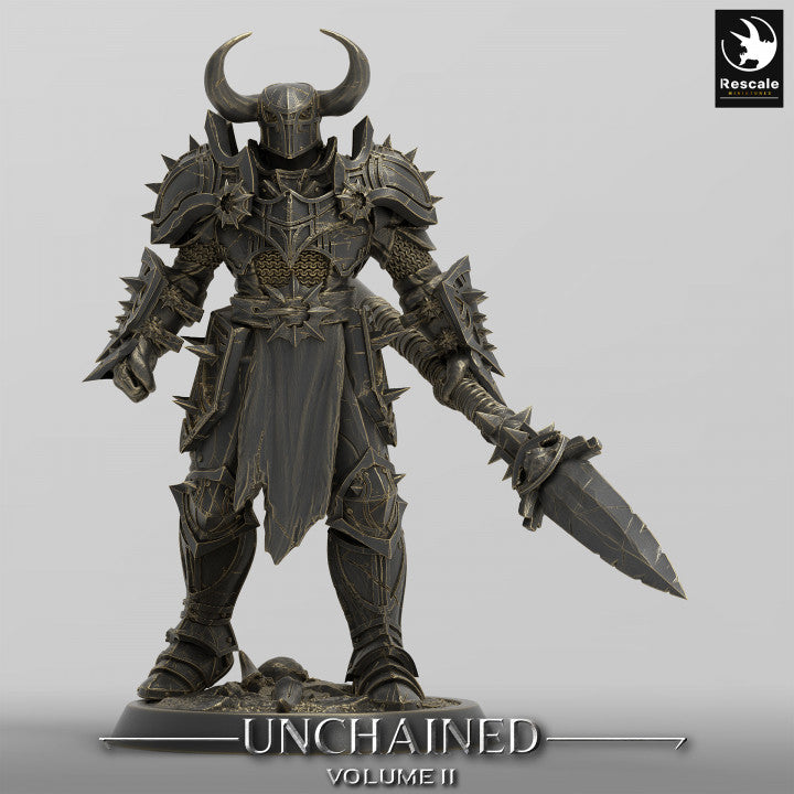 Unchained Commander in a strong stance with horned helmet, wielding a large spear and clad in full plate armor.