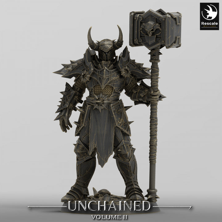 A horned, armored Unchained Commander standing tall with a massive hammer at his side, detailed with spikes and intricate engravings, suitable for fantasy TTRPGs.