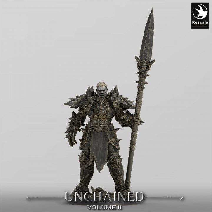 Unchained Commander with a large spear, standing firmly in full armor and fur, prepared for battle.